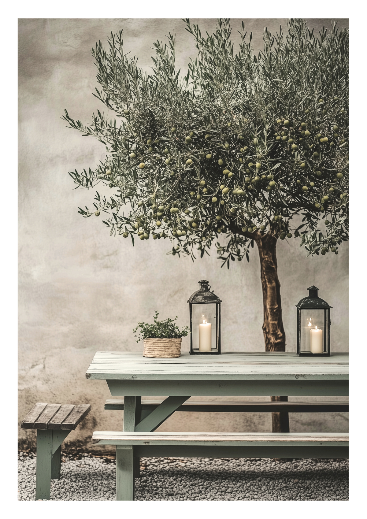 A rustic outdoor-style scene featuring a large olive tree with green foliage and small olives, set behind a pale green wooden picnic table with benches. Two black lanterns with lit candles sit on the table, along with a small potted plant, against a textured beige wall and gravel ground.