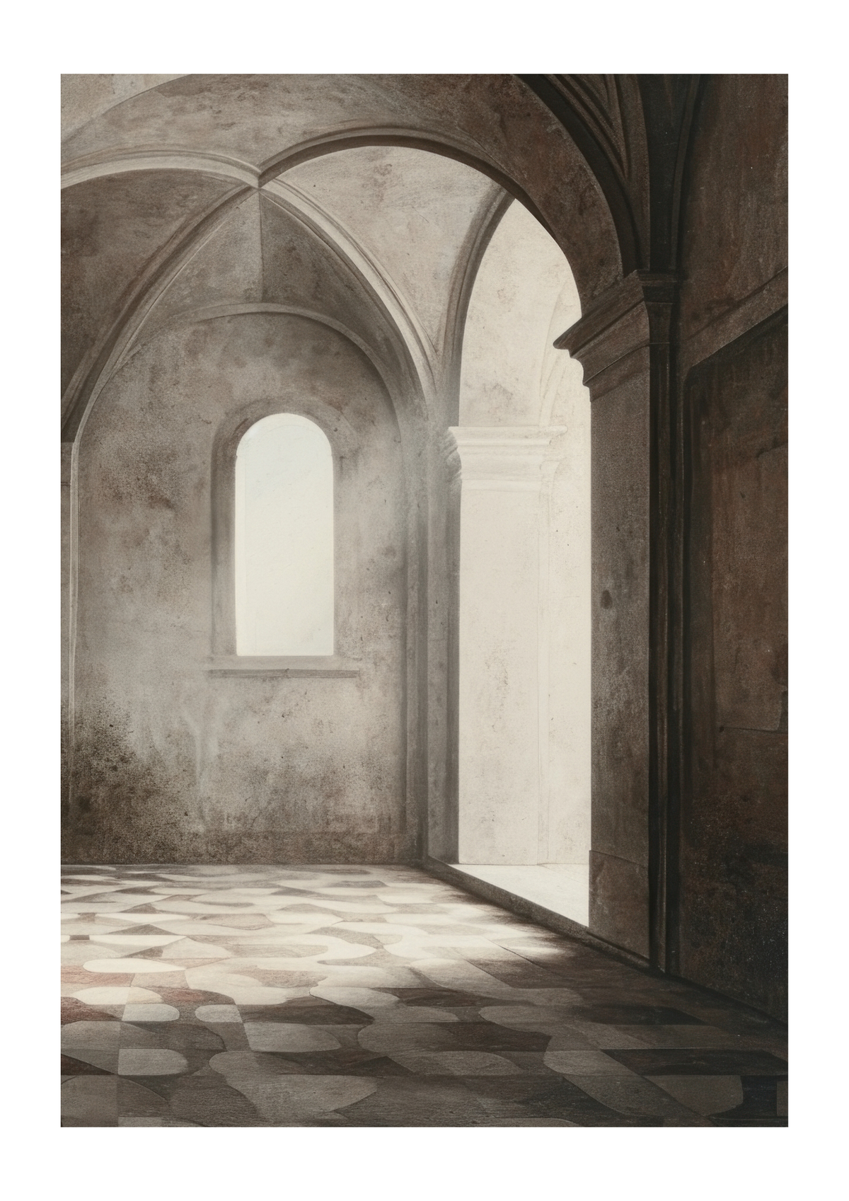 A fine art photography print depicting an interior scene of an old stone cathedral or abbey with arched windows and a tiled floor, shown with a white border.