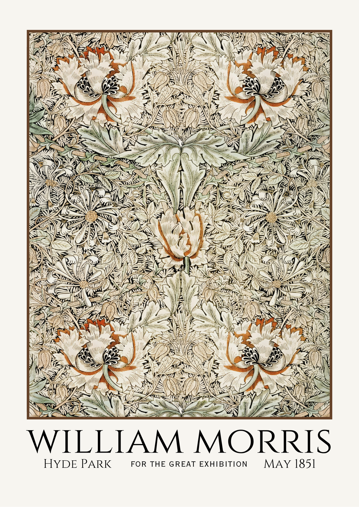 William Morris Hyde Park wallpaper pattern poster print featuring a dense floral and leaf design in muted green, beige, and orange-brown tones, with the text 'WILLIAM MORRIS HYDE PARK' and 'MAY 1851' below.