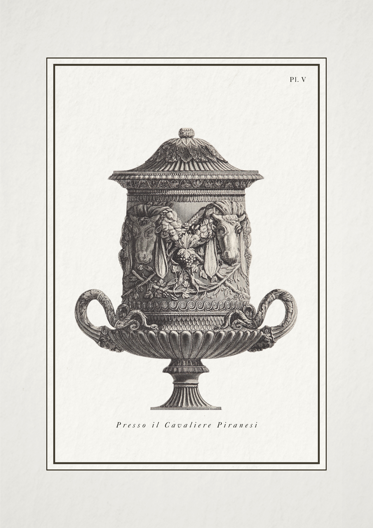 Black and white illustration of an ornate urn with classical figures on a light gray background