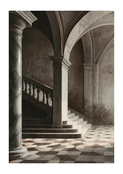 A classical architectural scene print featuring a grand staircase between arched columns, with a checkered stone floor and soft light filtering through the structure.