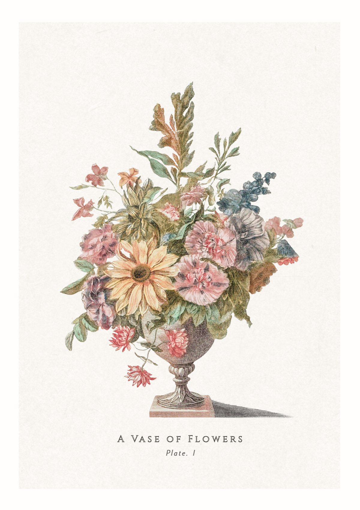 A vintage botanical art print titled 'A Vase of Flowers' showing a detailed arrangement of pink, peach, and blue flowers in a classical urn, printed on a textured off-white background.