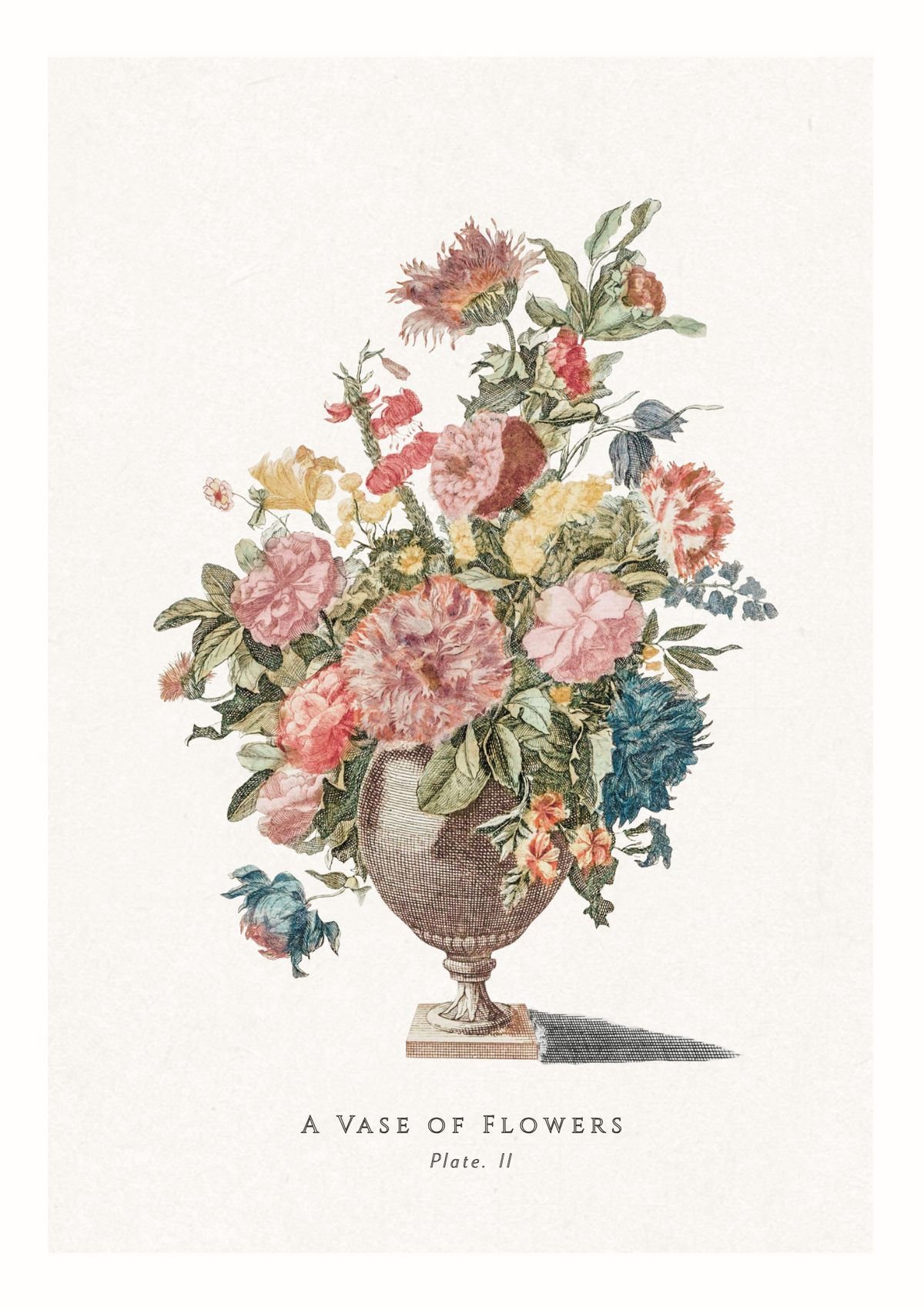 Vintage botanical art print titled 'A Vase of Flowers' showing a detailed arrangement of pink, red, yellow, and blue flowers in an urn on a cream background.