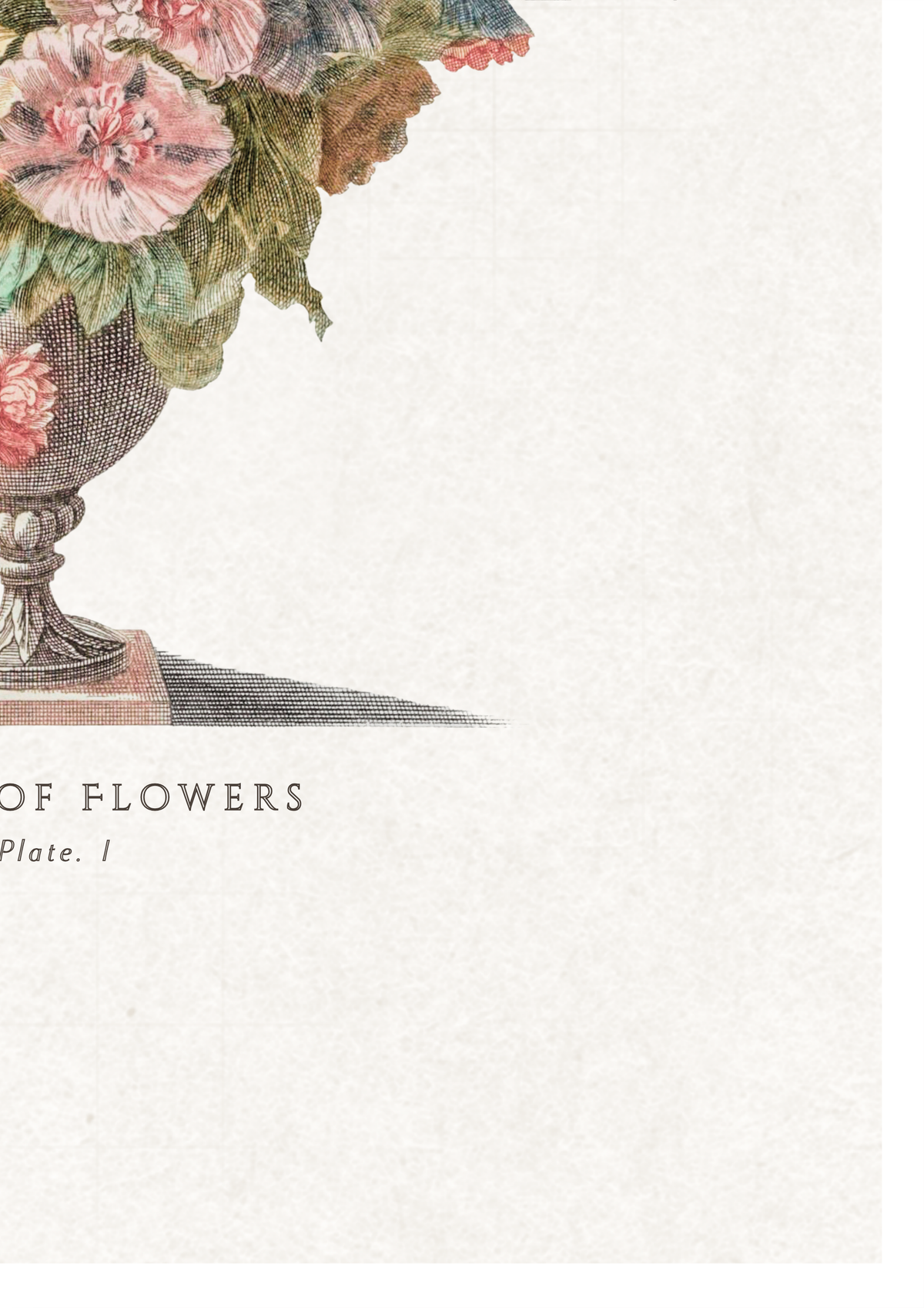 Vintage-style floral illustration showing a vase with pink and red flowers and green leaves on a textured off-white background, with partial text reading 'OF FLOWERS' and 'Plate. I' below.
