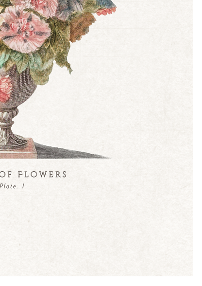 Vintage-style floral illustration showing a vase with pink and red flowers and green leaves on a textured off-white background, with partial text reading 'OF FLOWERS' and 'Plate. I' below.