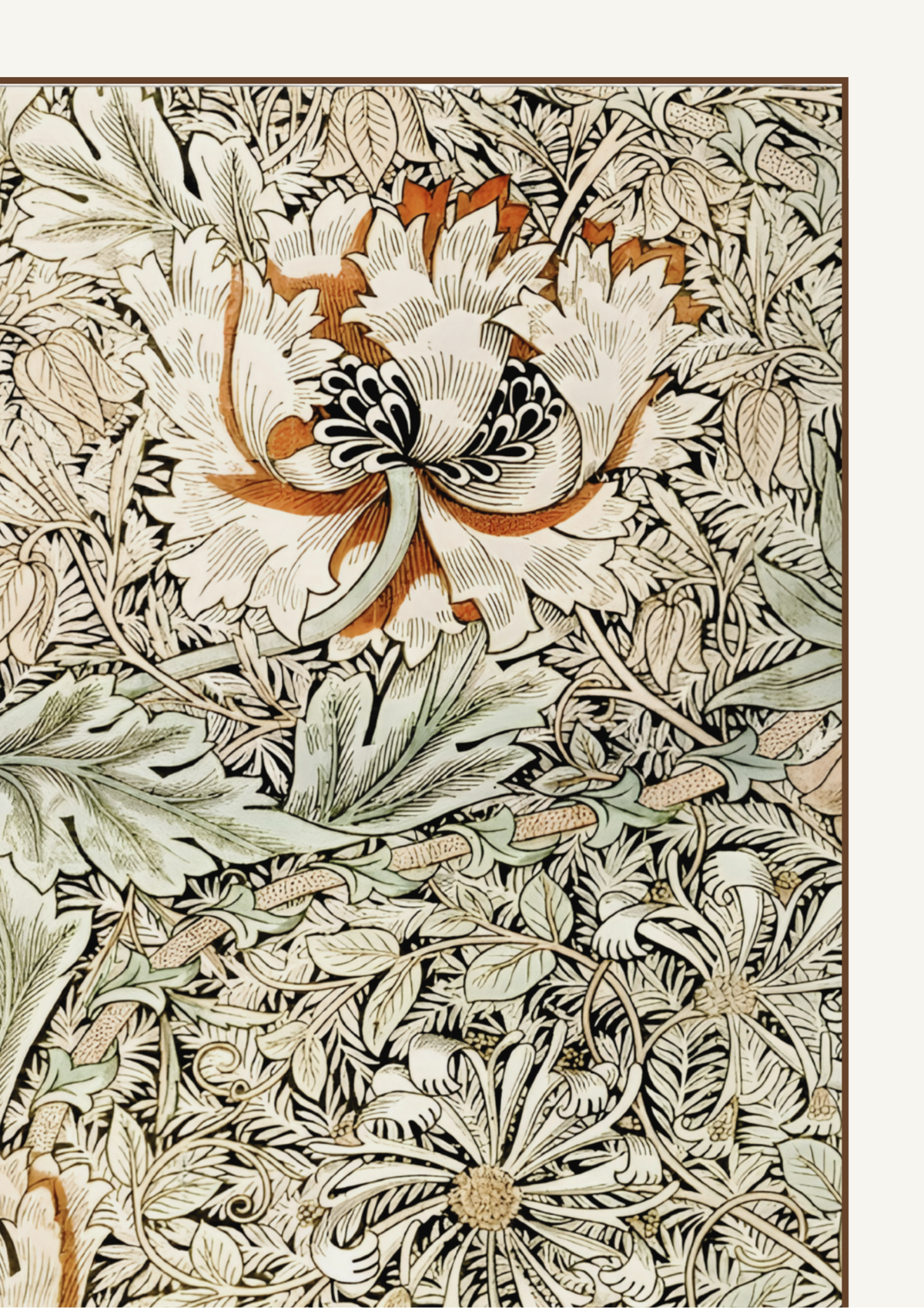 A close-up of a vintage-style floral illustration with cream, beige, black, and muted orange botanical motifs filling the frame.