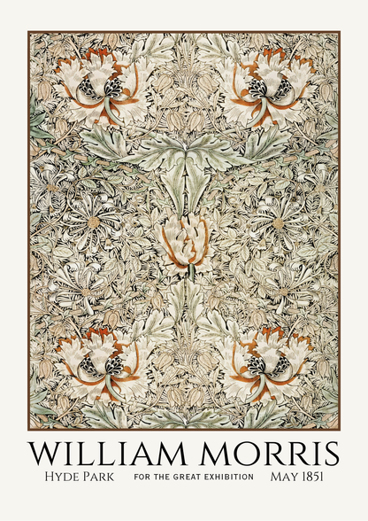 William Morris Hyde Park wallpaper pattern poster print featuring a dense floral and leaf design in muted green, beige, and orange-brown tones, with the text 'WILLIAM MORRIS HYDE PARK' and 'MAY 1851' below.