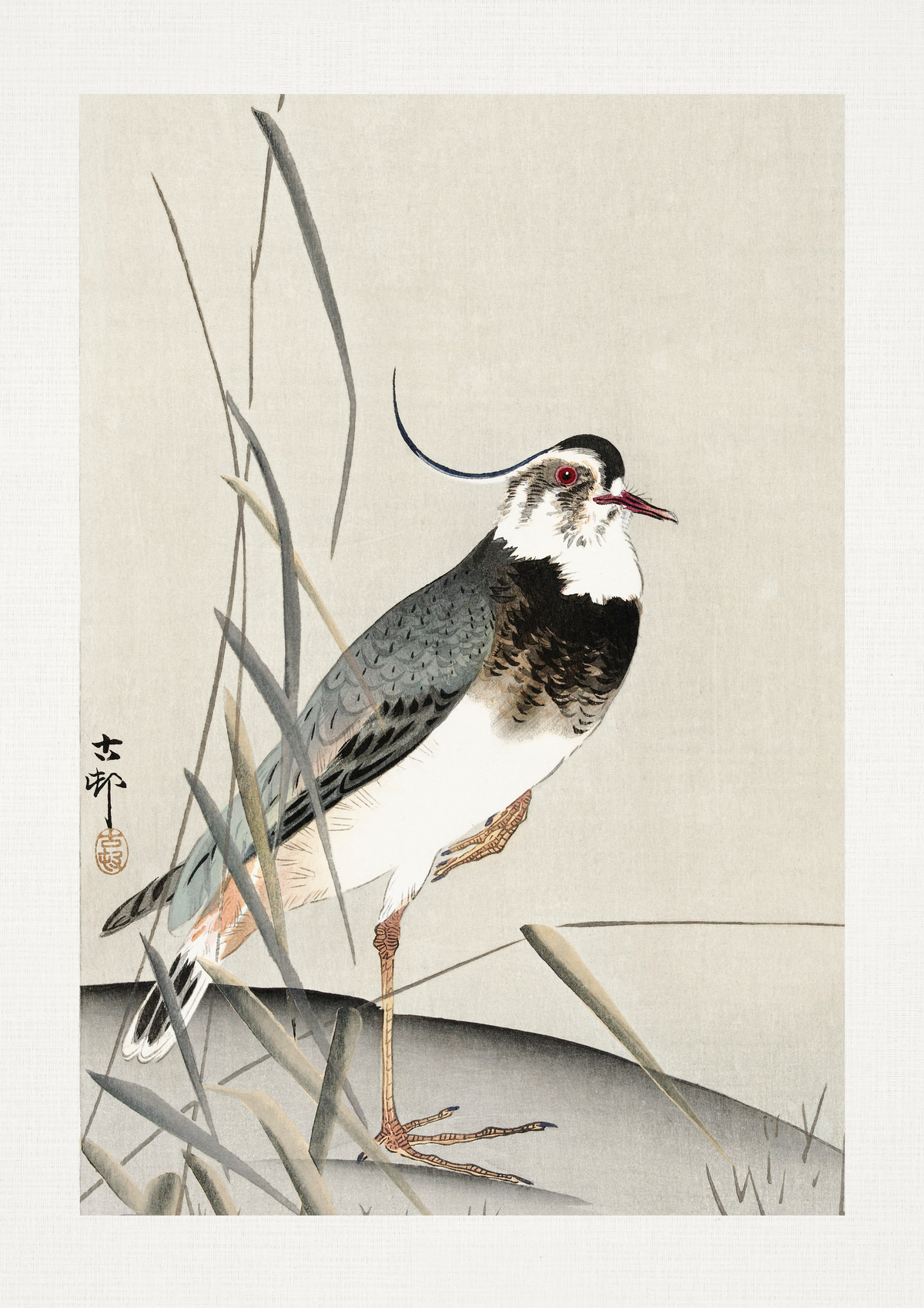 Traditional Japanese artwork of a bird perched on reeds