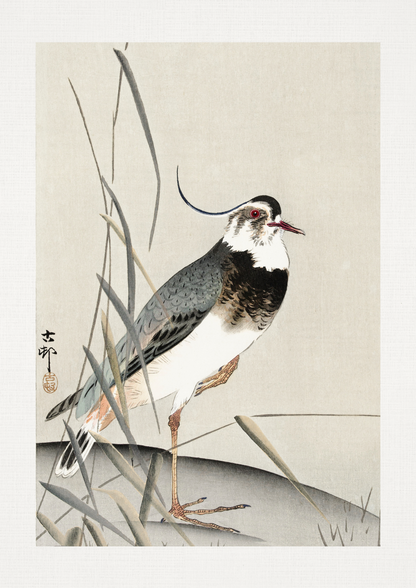 Traditional Japanese artwork of a bird perched on reeds