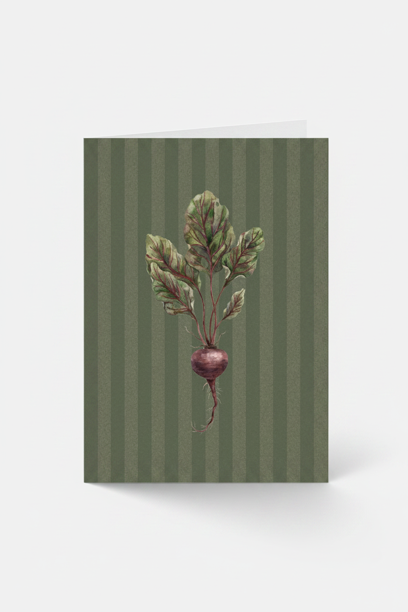 greeting card with a beet illustration on a green striped background