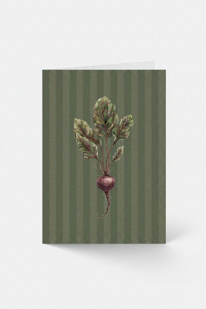 greeting card with a beet illustration on a green striped background