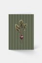 greeting card with a beet illustration on a green striped background