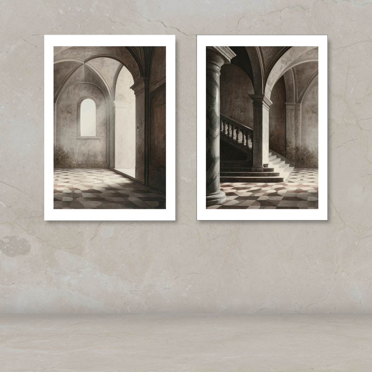 Two framed art prints depicting classical stone arches and a staircase in a sepia-toned interior, displayed side by side on a textured beige wall above a light surface.