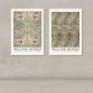 Two William Morris art posters displayed side by side on a textured beige wall above a light stone surface. The left poster shows a floral pattern with the text 'WILLIAM MORRIS' and 'HYDE PARK' below, and the right poster shows a matching floral pattern with 'WILLIAM MORRIS' and 'MAY (8th)' below.