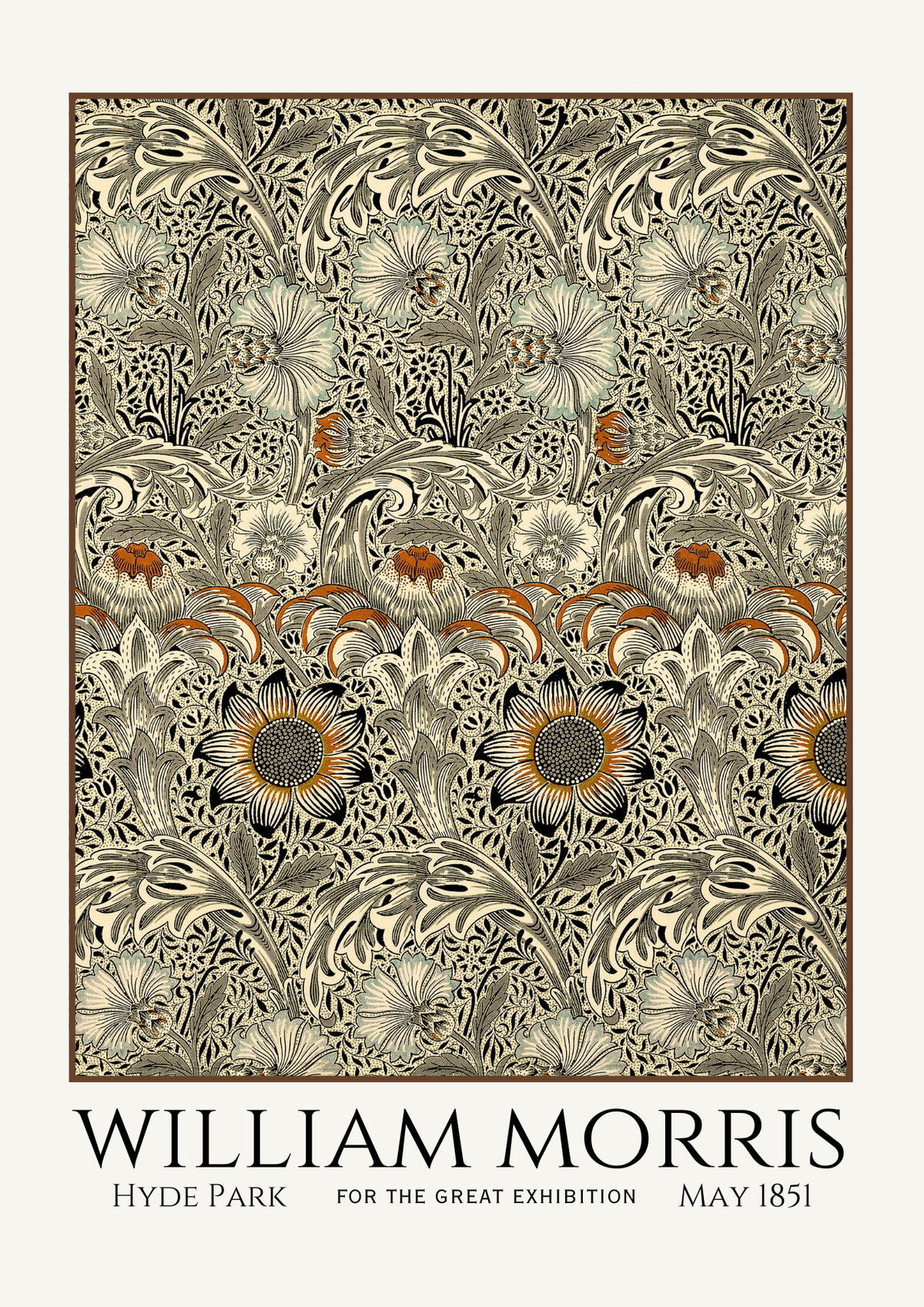 William Morris Hyde Park pattern poster print featuring an intricate floral and leaf design with sunflowers in the center, on a cream background with text at the bottom.