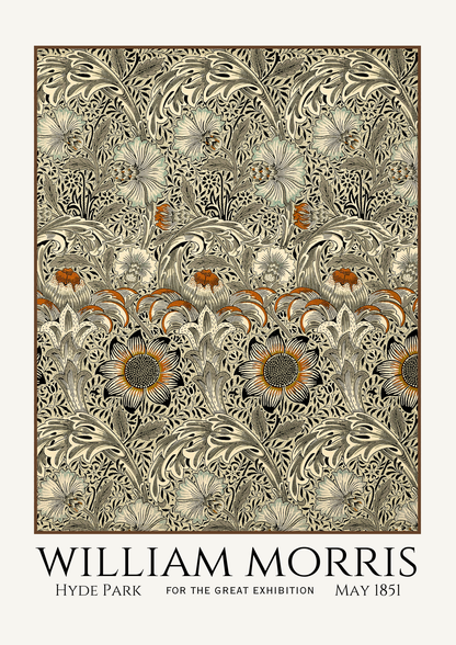 William Morris Hyde Park pattern poster print featuring an intricate floral and leaf design with sunflowers in the center, on a cream background with text at the bottom.
