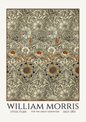 William Morris Hyde Park pattern poster print featuring an intricate floral and leaf design with sunflowers in the center, on a cream background with text at the bottom.